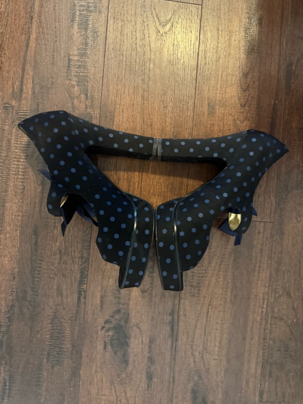 Women’s Black Polka Dot Platform Heels - Blue Dot Accent w/bow Y2K - Picture 3 of 10